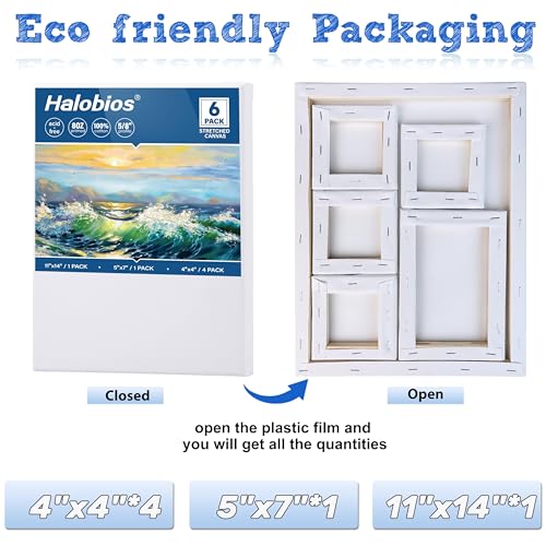 Halobios 6 Packs Stretched Canvases for Painting with 4x4in, 5x7in, 11x14in Canvas, Blank Canvases for Acrylics, Oils & Other Painting Media, 5/8 Inch Profile 100% Cotton Artist Framed Canvas - size: 6 Pack Mixed - 11×14IN 5×7IN 4×4IN