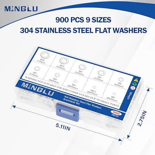 Minglu Washers, 900 Pcs Washers for Screws, 304 Stainless Steel Flat Washers, Flat Washers for Bolts Assortment, Assorted Hardware Lock Metal Washers Kit (9 Sizes-M2 M2.5 M3 M4 M5 M6 M8 M10 M12)