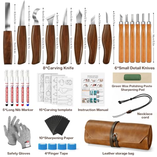 Deluxe Wood Carving Kit,40Pcs Wood Carving Tools with Leather Storage Bag - color: Walnut Brown- 40 Pcs