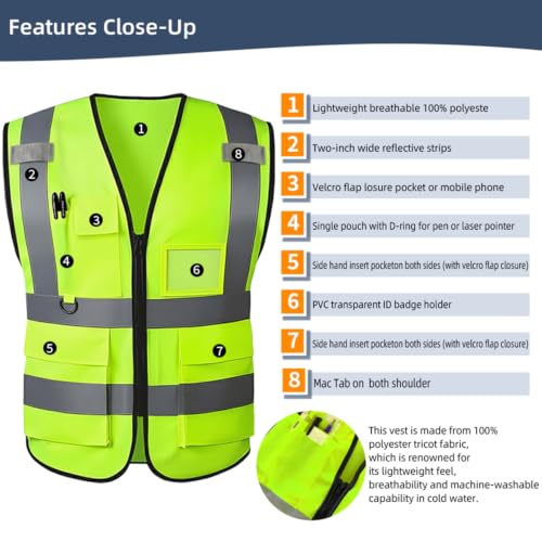 High Visibility Safety Vest with Reflective Strips & Pockets - color: Green, size: Medium