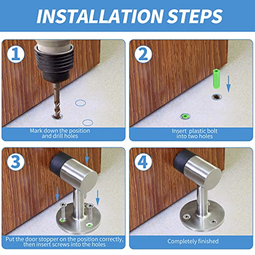 Floor Mount Door Stopper, Heavy Duty Door Stop Brushed Nickel Doorstop with Rubber Bumper & Stainless Steel Screws, 3 Inch Height
