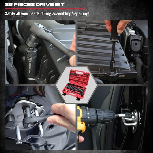 64-Piece 1/4" Drive Impact Socket Wrench Driver-Bits Set, Cr-V Metric&SAE Deep and Shallow Socket Set, S2 Power Bits with Quick-Release Ratchet Handle, Universal Joint, Bit Holder, Power Drill Adapter - style: 1/4" | 64-Piece Socket & Bit Set