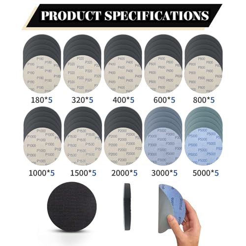 5 Inch 51pcs Wet Dry Sanding Discs Hook and Loop Foam Backing Pad, Waterproof Sandpaper Silicon Carbide for Random Orbital Sander, Automotive Wood Metal Polishing & Sanding 180-5000 Assorted Grit