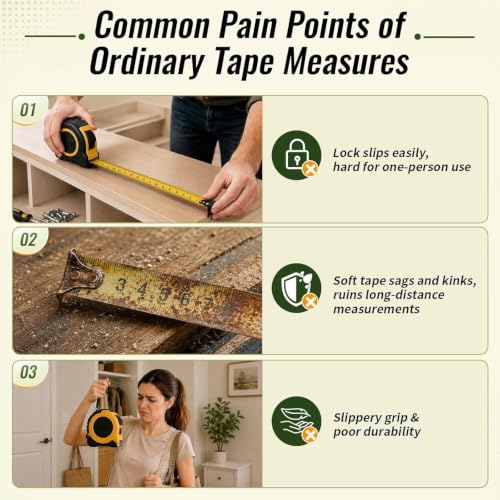 GRENPRO Self-Locking Tape Measure, 10ft/3m Dual Scale, Stiff Blade Green - color: Green