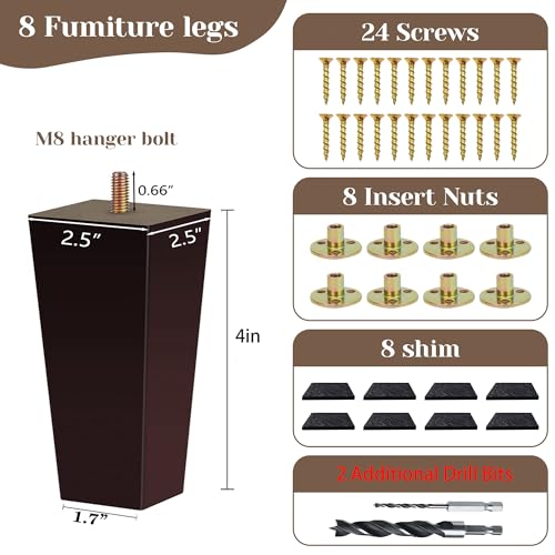 Furniture Legs Square Bed Feet, 4 inch, Dark Brown, Set of 8 - color: 8sets, size: 4inch
