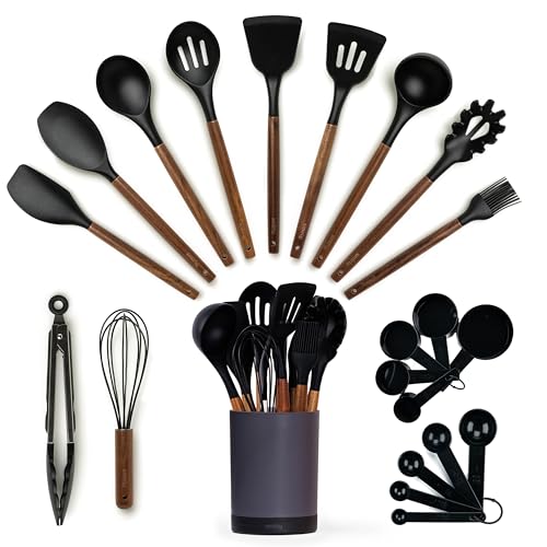 SMIRLY Silicone Kitchen Utensils Set, 22-Piece Acacia Wood Handle, Black - color: Black