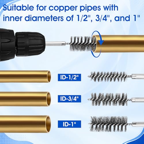 Copper Pipe Cleaner for Drill Set, 1/2", 3/4", 1" Plumbing Tool Kit