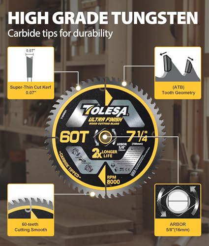 TOLESA 7-1/4 Circular Saw Blades, 60T for Woodworking, 3-Pack - size: 7-1/4'', style: 60T