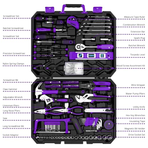 DEKOPRO Tool Set: 228 Piece Home Tool Kit, Household Basic Repair Tool Set Comes with Storage ToolBox, Socket Wrench Set for Car, Hand Tool Box Set for Home - Purple - color: Purple