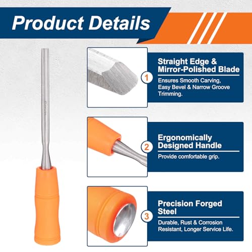 HARFINGTON 2pcs Wood Chisel 1/4" Carbon Steel Inner Beveled Edge Blade Wood Working Flat Chisel with Plastic Non-Slip Handle for Woodworking Carving DIY Projects, Orange - size: 1/4"