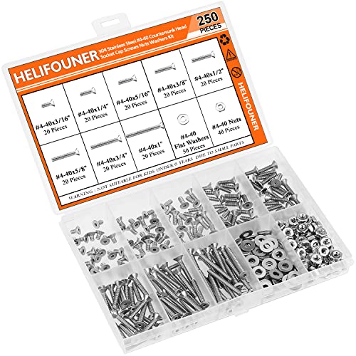 HELIFOUNER 250 Pieces #4-40 x 3/16" 1/4" 5/16" 3/8" 1/2" 5/8" 3/4" 1", Countersunk Head Socket Cap Screws Bolts Washers Nuts Kit, Coarse Thread, Fully Machine Threaded, 304 Stainless Steel - size: #4-40, style: Countersunk Head