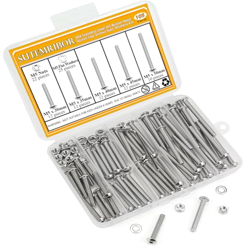 105 Pieces M5 x 30/35/40/45/50mm Button Head Socket Cap Screws Nuts Washers Set Silver, Sutemribor M5 Long Screws, M5 Stainless Screws Nuts Washers Assortment Kit, 304 Stainless Steel, Fully Threaded - size: M5 Long Screws Kit, style: Button Head