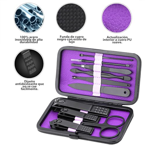 Glamne Manicure Set Nail Clippers Kit Professional Stainless Steel Nail Care Tools with Leather Travel Case 10 in 1 Purple - color: Purple