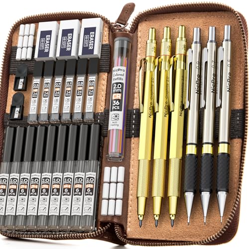 Nicpro 30PCS Art Mechanical Pencils Set in Leather Case-Gold - color: Gold