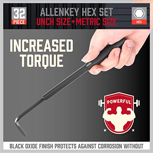 SEDY 32-Piece Hex Key Wrench Set, Metric and SAE Allen Wrenches (0.028-3/8 inch, 0.7-10 mm) L Shape Allen Keys, Chrome Vanadium Steelwith 2x Extension Handle - style: 32-Piece Standard Set (L-Key)