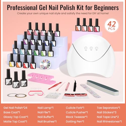 VANREESA 42 Pcs Gel Nail Polish Kit with U V Light 24 Colors Nail Polish Gel Kit Bright Red Orange Yellow Green Blue Purple Pink Complete Nail Kit with Manicure Tools Gifts for Women - color: Bright & Trendy Collection