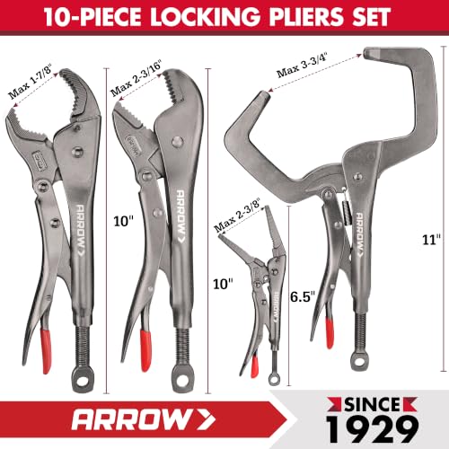 ARROW 10-piece Locking Pliers Set, Chromium-Molybdenum Vice Grips - style: 10-piece