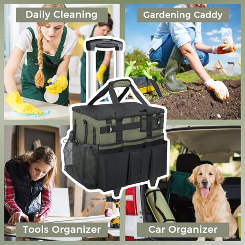 Rolling Cleaning Caddy Bag with Detachable Trolley, Large Cleaning Supplies Organizer with Wheels, Multi-Pocket Cleaning Cart with Adjustable Shoulder Strap for Housekeepers & Home Use, Armygreen - color: Armygreen