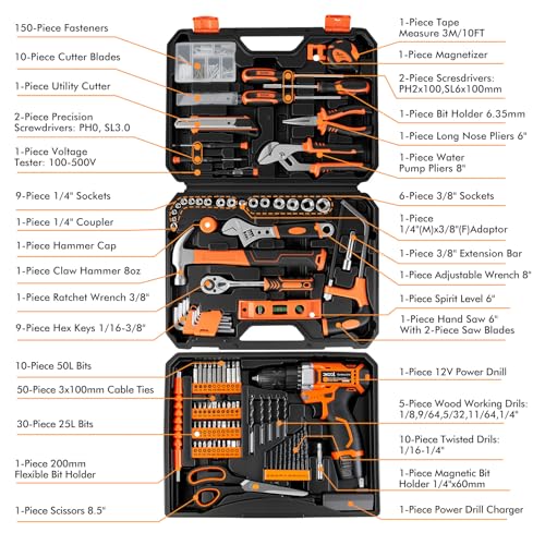 XOOL 313-Piece Home Tool Kit with 12V Cordless Drill, Toolbox with Drawer, All-in-One Tool Set for DIY, Home & Garage