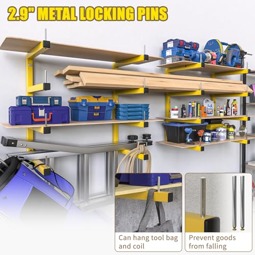 2-Pack Lumber Storage Rack, Wood Storage Racks Wall Mount, Heavy Duty Garage Wood Organizer with 4-Level System, Yellow Utility Rack Organization Up 800 Lbs, Metal Lumber Shelf for Indoor and Outdoor - color: Yellow, size: D– 2 Pack, 4-Tier