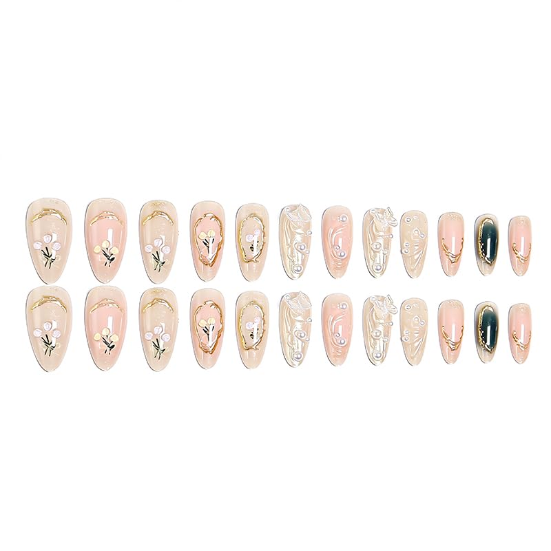 3D Press on Nails Almond - Medium French Tip Fake Nails with Embossed White Bead Designs, Glossy Finish Reusable False Nails with Glue Tabs - 24Pcs Nail Kit for Women Manicure(3D Embossed design 11) - color: 3D Embossed design 11