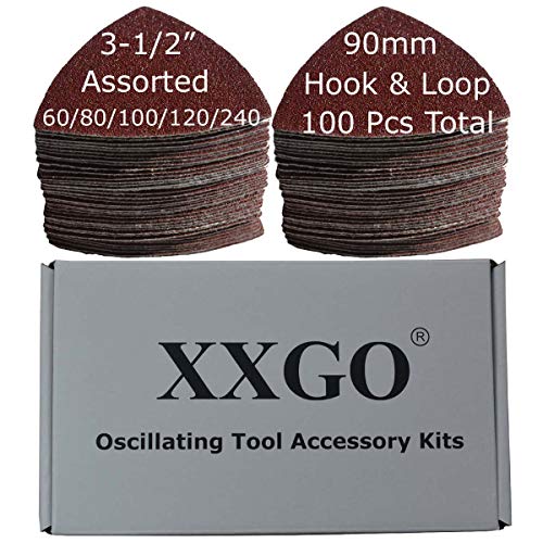 XXGO 100 Pcs 3-1/2 Inch 90mm Assorted Grit Triangle Multitool Sanding Pads | Hook & Loop Design , Strong Velcro , Best for Wood Metal Sanding - size: 3-1/2 Inch Assorted Grits - 100 Pcs
