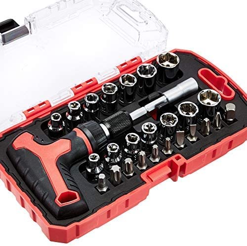 Amazon Basics 27-Piece Ratchet Screwdriver and Socket Set, Light-Duty T-Handle with Magnetic Bit Holder, Cr-V Steel, for Household DIY, Electronics and Appliance Repair, Compact Tool wit Hard Case - style: 27-Piece