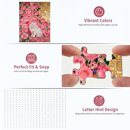 1000 Piece Puzzle for Adults, Elegant White Persian Cat with Pink Roses - color: Rose Gold Whiskers
