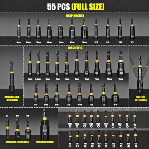 Facoow 55PCS Impact Nut Driver Set Magnetic, SAE & Metric Nut Drivers | Cr-V CNC Machined Deep Nut Drivers Set, S2 Impact Bits, Socket Adapters, Wing Nut Driver,