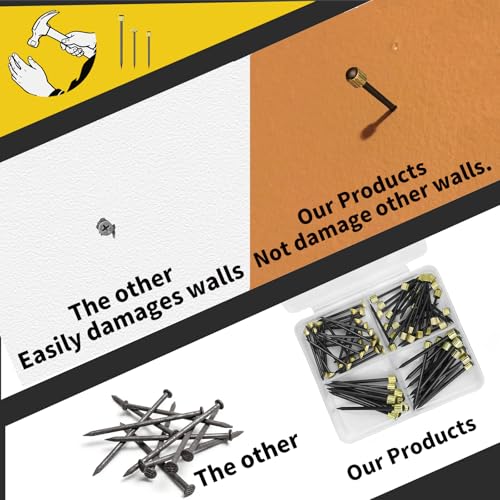 75PCS Picture Hanging Nails - 3 Sizes (Small/Medium/Large) Wall Decor Nails, Steel Pin & Brass Head Hardware for Hanging Picture Frames, Wall Art & Photos, with Plastic Storage Box (Black)