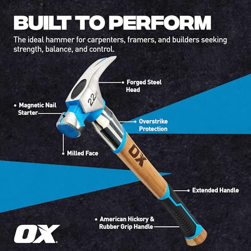 OX 22 oz Framing Hammer Milled Face with Rubber Grip Wood Handle Hammers with American Hickory - Claw Martillos De Construccion - style: 22-oz Hammer + Steel shaft & Grip