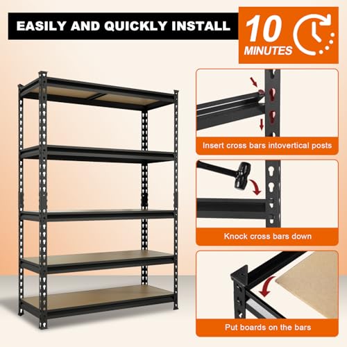 Big RED Storage Shelving Unit, 5-Tier Adjustable, Heavy Duty Metal Garage Shelves/Utility Rack for Kitchen, Pantry, Basement, Bathroom, Laundry - 2,000 lbs Capacity, Black, 72" H x 48" W x 18" D