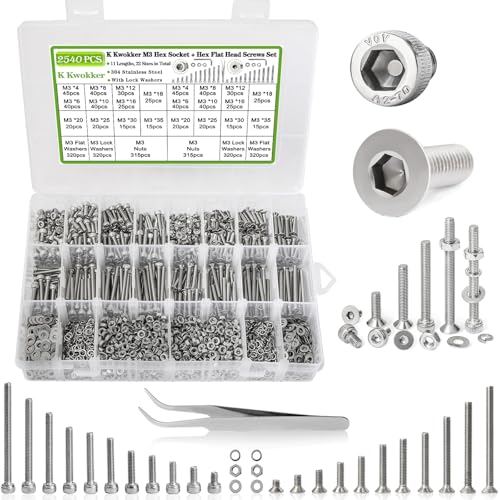 2540Pcs M3 Screws 4MM to 35MM, Socket Head Screws & Flat Head Screw, 304 Stainless Steel Assorted Nuts and Bolts Assortment Kit M3 Screw Kit with Nuts, Washer and Lock Washers - size: H. M3