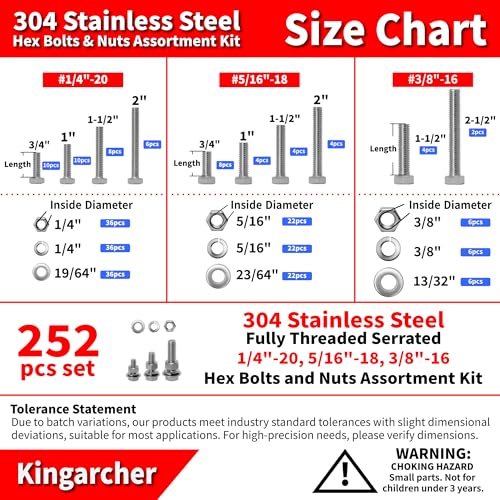 Kingarcher 252Pcs Hex Bolts and Nuts Assortment Kit, 1/4 20 5/16 18 3/8 16 Inch, 304 Stainless Steel 18-8 Assorted Bolts Nuts Flat Washers Hardware Kit, Screw Nut and Bolt Organizer, 3/4" to 2-1/2"