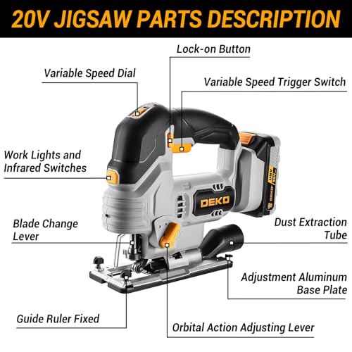 Jig Saw Cordless Electric Tool: DEKOPRO 20V Power Jigsaw with LED Light, 800-3000 RPM Variable Speed, 7/8" Stroke Length, 3 Orbital Settings, ±45° Bevel Cuts for Straight/Curve/Circle Cutting (Gray)
