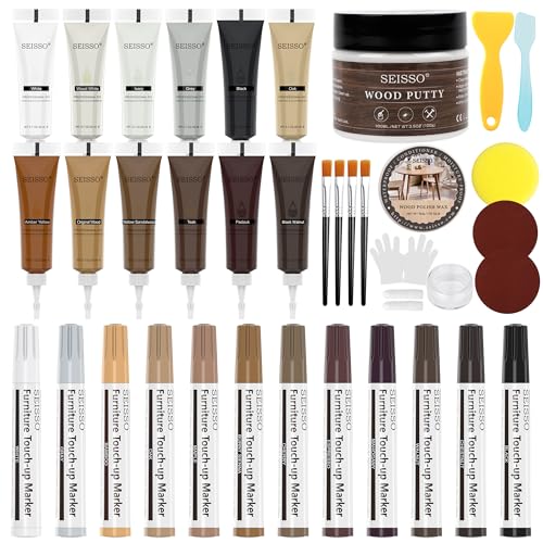 SEISSO Wood Furniture Repair Kit, Touch Up Markers Wood Fillers - size: 12Wood Fillters+12Markers+Wood Putty+Polish Wax