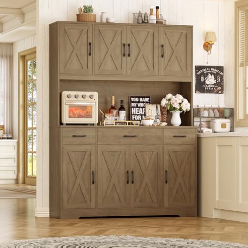 HOSTACK 71" Tall Kitchen Pantry Storage Cabinet, 55" W Kitchen Hutch, Brown | Large Pantry Cabinet with Charging Station / Countertop / 3 Drawers, Farmhouse Hutch Cabinet with Storage for Dining Room - color: Rustic Brown