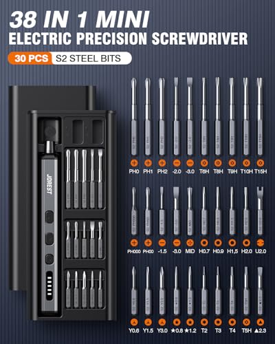 JOREST Mini Electric Screwdriver, Small Cordless Precision Screwdriver set with 38 Magnetic Bits, 5 Torque Settings, Repair Tool for iPhone, Laptop, Drone, Game Console, Camera; Gift for Father