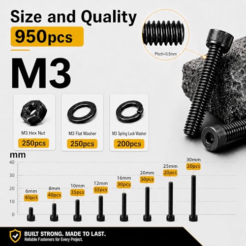 950PCS M3 Screws Assortment Kit, M3x6/8/10/12/16/20/25/30mm Hex Socket Head Cap Bolts Nuts Washers Set, 12.9 Alloy Steel Black Oxide M3 Metric Screw for 3D Printer, Electronic - size: M3 950pcs