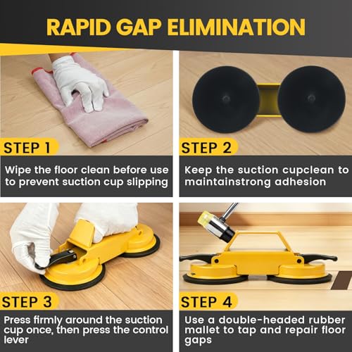 Floor Gap Fixer Tool Kit with Heavy Duty Rubber Mallet, Floor Dual Suction Cup Tool Upgrade 45° Striking Surface for Laminate, Hardwood, and Vinyl Floor (Yellow)