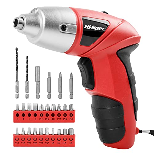 Hi-Spec 27pc 3.6V Red Small Power Electric Screwdriver Set. Cordless & Rechargeable with Driver Bit Set - color: Red