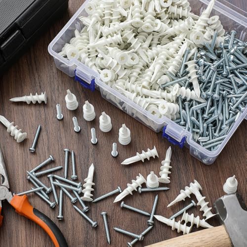 Glooglitter 400 Pcs Self Drilling #8 Drywall Anchors Bulk and Screws Set Nylon Heavy Duty 75lb No Pre Drill Hole for Hanging Shelf Picture Decor with Storage Case(Regular Anchor Non Split) - style: Regular Anchor Non Split