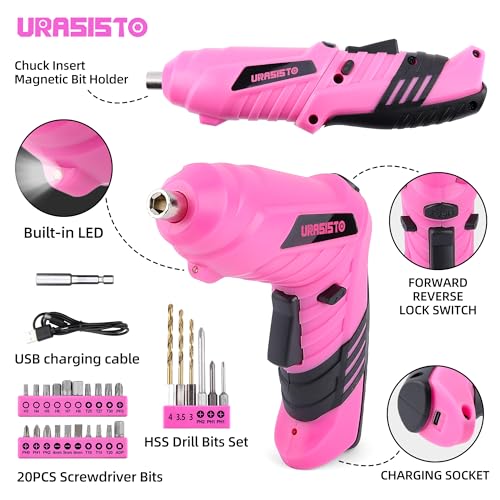 URASISTO 123 Piece Pink Household Tool Set with 3.6V USB Electric Screwdriver, Home Tool Kit with Cordless Lithium-ion Drill Driver, HandTool Kits for Women - size: 123 Piece