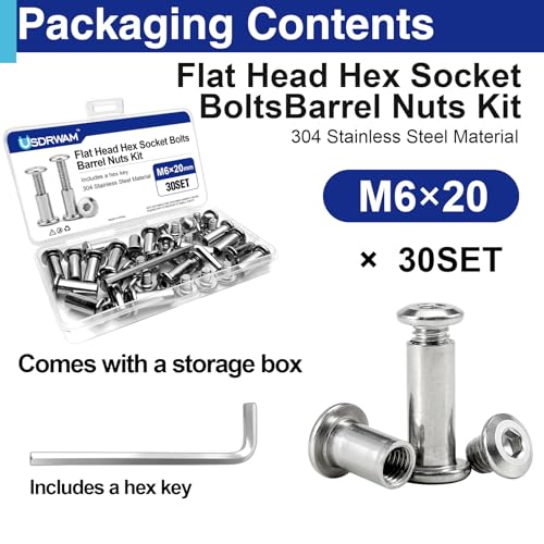 30 Sets M6 x 20mm Barrel Nuts and Bolts, Hex Socket Binding Screws - size: 30 Sets M6 x 20 mm