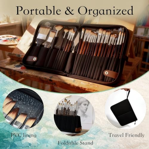 26Pcs Paint Brush Set with Stand-Up Brush Case, Travel Watercolor Acrylic Paint Brushes with Flat, Filbert, Fan, Dagger, Cat Tongue, Round, Palette Knife, Professional Kit for Oil, Artist, Face