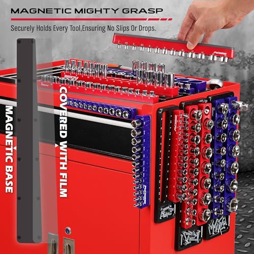Magnetic Socket Holder Organizer Set: 6-Piece Detachable 1/2 3/8 1/4 Drive Sockets Storage Tray Magnetic Socket Organizer Tool Box Drawer Tool Box Organizers Storage Metric SAE (Sockets Not Included) - style: 6-Piece Trays w/ Base (Holds 143)