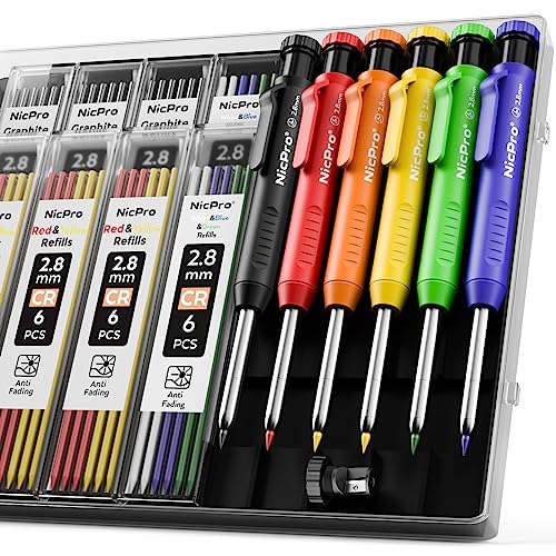 Nicpro 6 Pack Carpenter Pencil with Sharpener, Mechanical Carpenter Pencils - color: Black,Red,Yellow,Green,Blue,Orange, size: 6 Pack