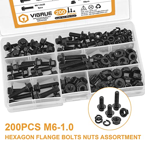 VIGRUE 200Pcs M6-1.0 x 12/16/20/25/30mm Flanged Hex Head Bolts Serrated Flange Nuts Washers Assorment, Black Metric Nut and Bolt Kit, Class 10.9 Alloy Steel - size: M6-1.0