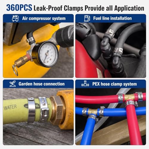 360Pcs Single Ear Hose Clamps Kit,Stepless 5.3-36.1mm 304 Stainless Steel Hose Repair Clamp Cinch Rings,Ear Clamp Pliers Tool with Portable Toolbox for Automotive Fuel Line Plumbing PEX DIY - size: 360 PCS 16 Size