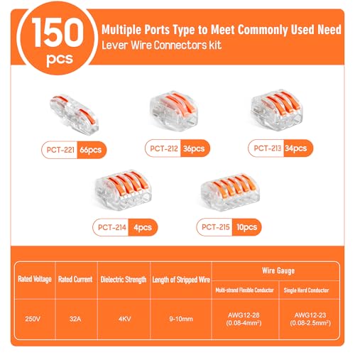 150PCS lever wire Connectors Kit with 2/3/4/5 Conductors